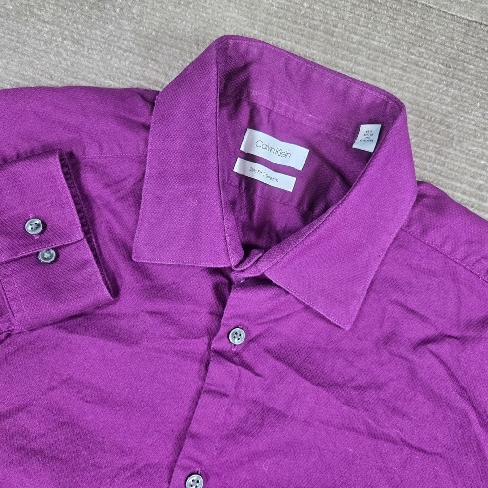Calvin Klein Mens L Purple Slim Fit Stretch Diamond Texture Button Down Shirt